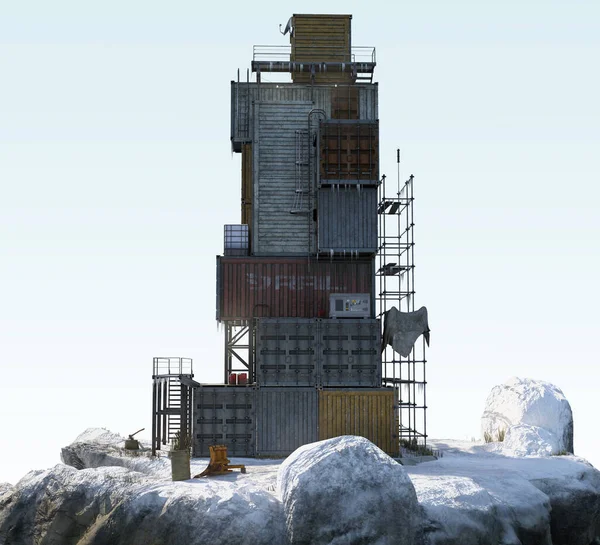 Scifi Lub Cyberpunk Dystopian Container Building Tower Snowy Mountain — Zdjęcie stockowe