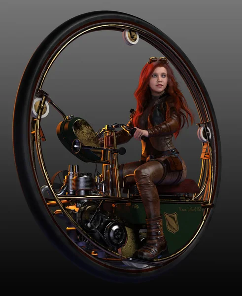 Steampunk Hosszú Vörös Hajú Monowheel Járműben — Stock Fotó