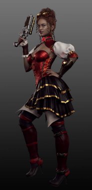 Steampunk POC Kadın Silahlı Kırmızı Korse Giysisi