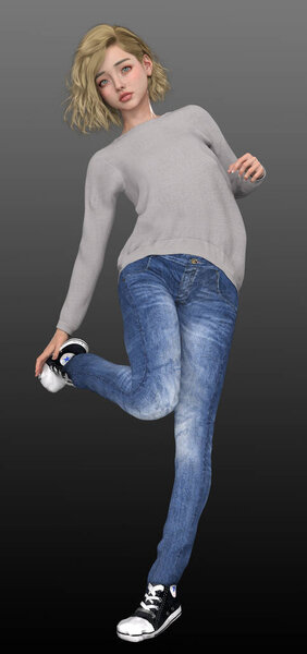 Tween or Teenage Girl in Jeans and Sweater