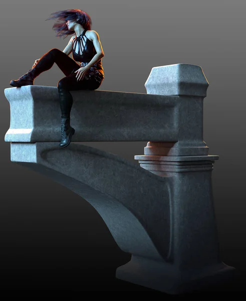 Scifi Cyberpunk Poc Woman Black Leather Ledge Roof — Stock Photo, Image