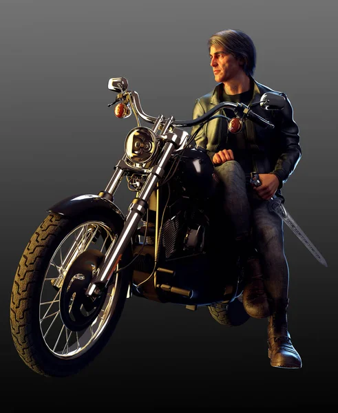 Urban Fantasy Man Sitting on Motorcycle in Leather Jacket