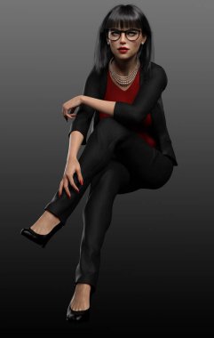 Professional Woman in Black Suit and Heels, Sitting Pose clipart
