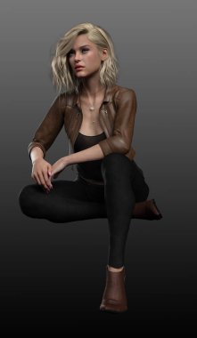 Kahverengi Deri Ceketli, Kotlu, Oturan Poz Veren Güzel Sarışın Kadın