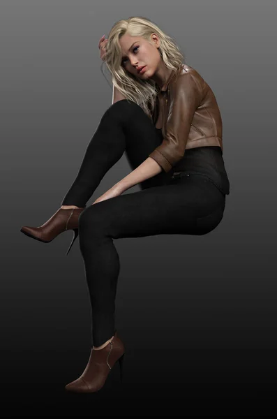 Pretty Blonde Woman Brown Leather Jacket Jeans Sitting Pose — Stock Photo, Image
