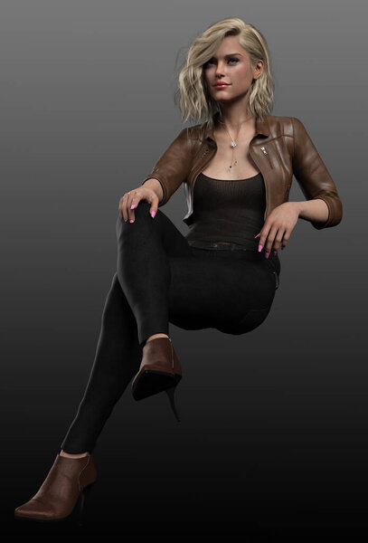 Pretty Blonde Woman in Brown Leather Jacket and Jeans, Sitting Pose