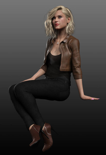 Pretty Blonde Woman in Brown Leather Jacket and Jeans, Sitting Pose