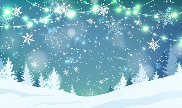Blur background with snowflakes, trees, garlands, falling snow. Holiday winter landscape. Vector illustration. — Stock Vector