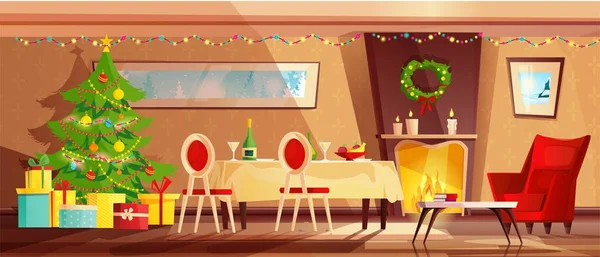 Cozy living room interior decorated for Christmas holidays. Cartoon vector illustration with red armchair, Christmas tree, fireplace, table with treats and gifts. — Stock Vector