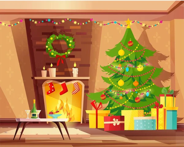 Noel tatili için dekore edilmiş rahat bir oturma odası. Noel ağacı, şömine ve hediyeli karikatür vektör çizimi.