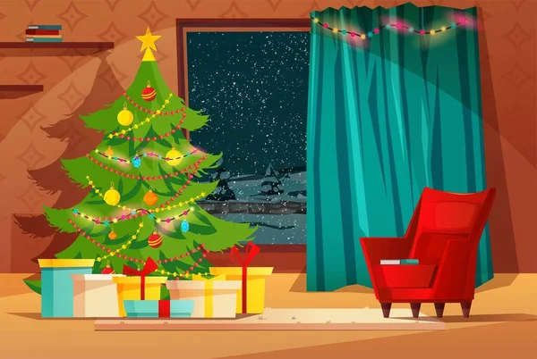 Acogedor salón interior decorado para las vacaciones de Navidad. Ilustración vectorial de dibujos animados con árbol de Navidad, regalos y ventana con paisaje de invierno. — Vector de stock