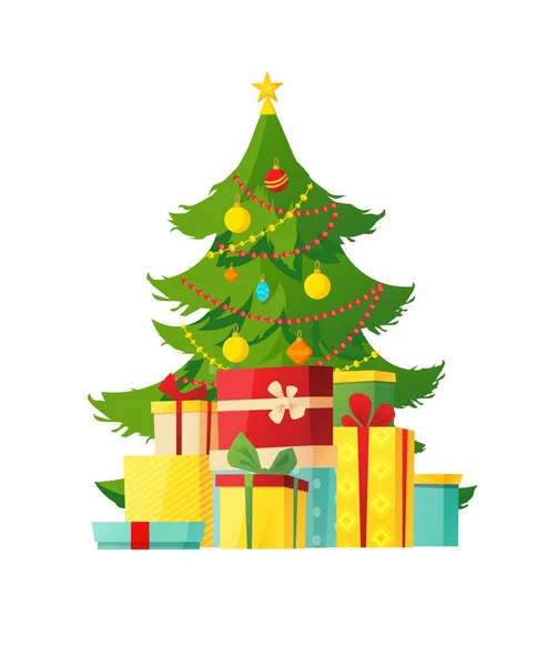 Árvore de Natal decorada com caixas de presente diferentes sob ele. Desenhos animados ilustração vetorial. — Vetor de Stock