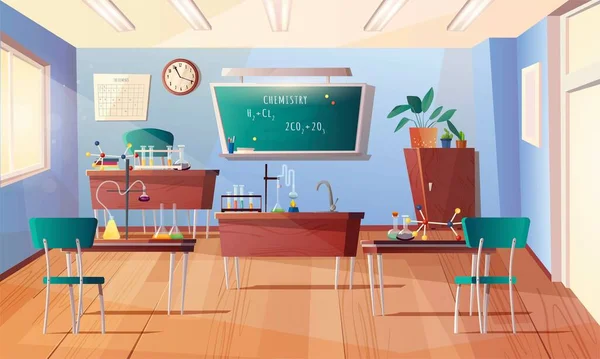 Sala de aula para Química. Desenhos animados interior com quadro-negro, relógio na parede, mesas, mesa de professores, livros, tubos de ensaio, equipamentos para experimentos, frascos. Ilustração vetorial. —  Vetores de Stock