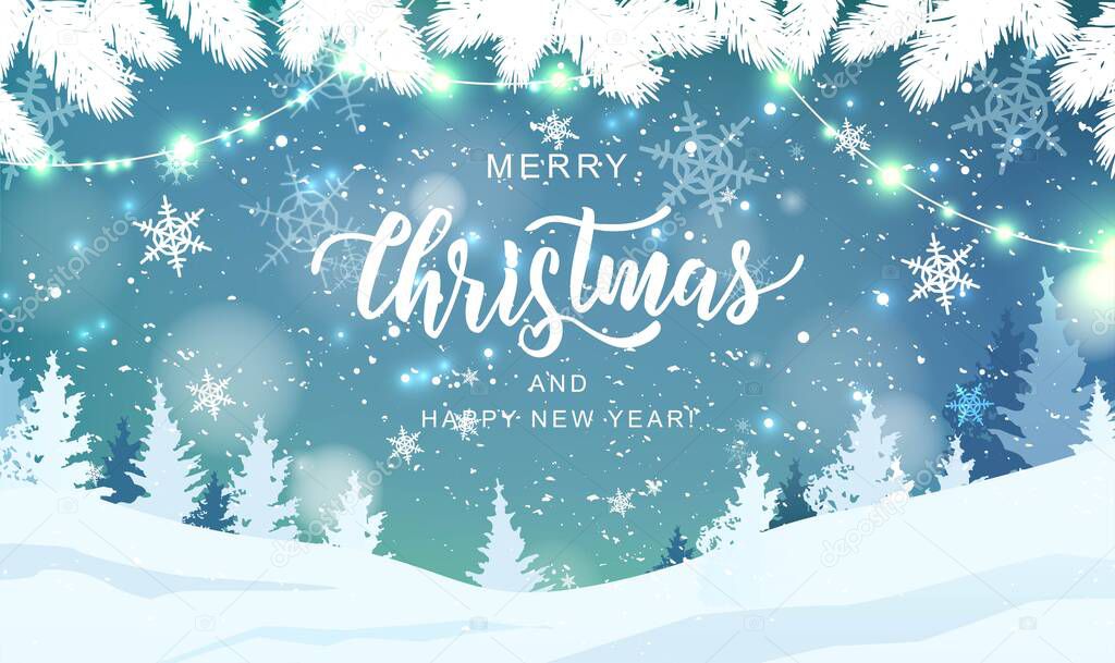 Merry Christmas hand lettering on blur background with snowflakes, trees, garlands, falling snow. Holiday winter landscape. Vector illustration.