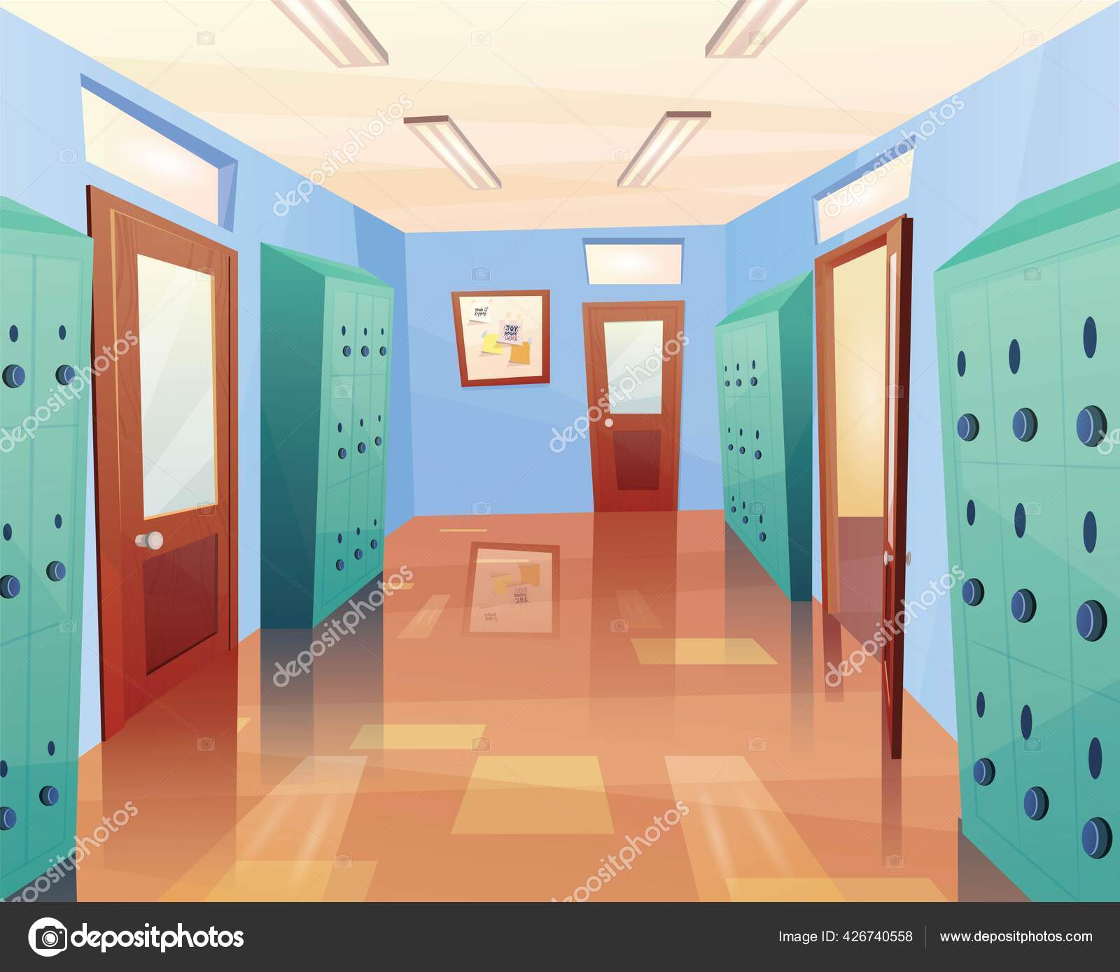 Schule Schulflur Mit Offenen Und Geschlossenen Türen Schließfächer Pinnwand  Illustration Stock-Vektorbild von ©Daria_Art 426740558, image size:1600x1389