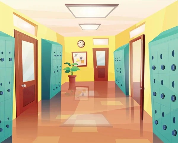 Schule Schulflur Mit Offenen Und Geschlossenen Türen Schließfächer Pinnwand Illustration — Stockvektor
