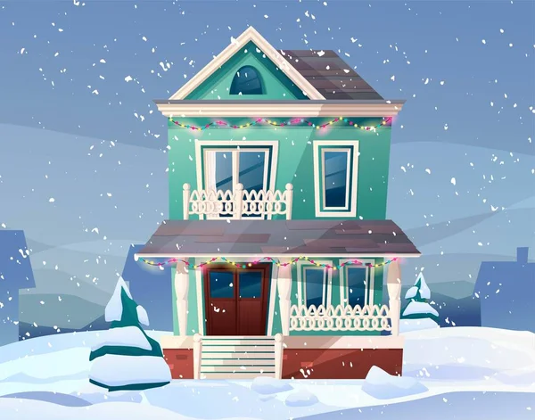 Budova viktoriánského retro stylu s jedlí na dvoře, světlo z oken, lucerny na Vánoce. Vánoční výzdoba. Kreslený vektorový obrázek. — Stockový vektor
