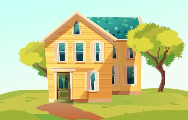 Victorian retro style building. Cartoon illustration of an apartment house on nature landscape. Vector. — Stock Vector