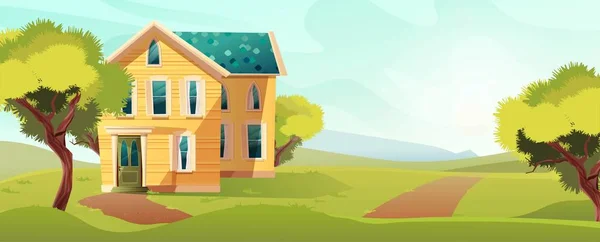 Viktorya döneminden kalma bir bina. Doğa manzaralı bir apartman dairesinin karikatür çizimi. Vektör.