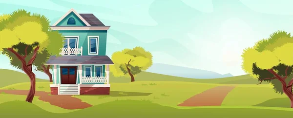 Edifício estilo retro vitoriano. Desenhos animados ilustração de uma casa de apartamento na paisagem da natureza. Vetor. — Vetor de Stock