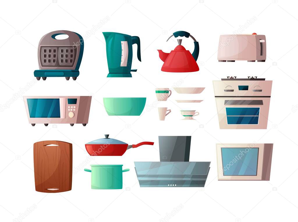 Kitchen furniture isolated on white background. Waffle-iron, microwave oven, kettle, toaster, cooker hood, frying pan, cutting board, cabinet and oven.