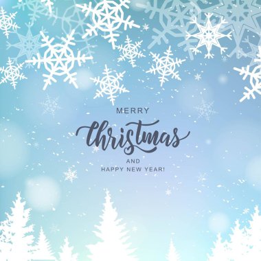 Bulanık arka planda kar taneleriyle birlikte mutlu noel mektupları. Noel ve kış tatilleri için tipografi tebrik kartı, davetiye, pankart, kartpostal, web, poster şablonu.