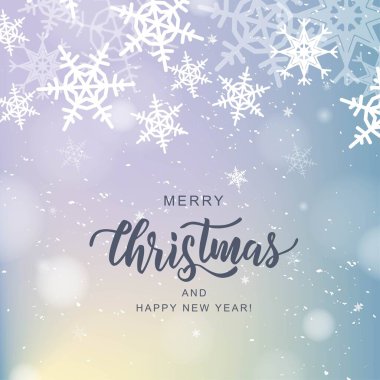 Bulanık arka planda kar taneleriyle birlikte mutlu noel mektupları. Noel ve kış tatilleri için tipografi tebrik kartı, davetiye, pankart, kartpostal, web, poster şablonu.