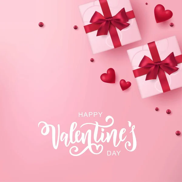 Felice San Valentino Mano Tipografia Lettering Con Realistiche Scatole Regalo — Vettoriale Stock