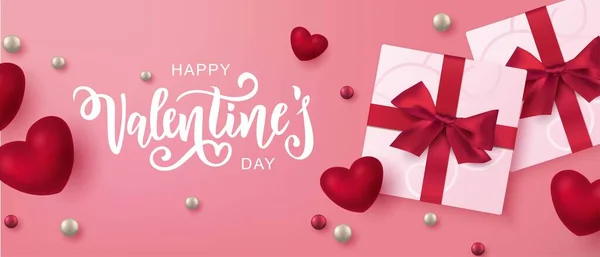 Felice San Valentino Mano Tipografia Lettering Con Realistiche Scatole Regalo — Vettoriale Stock