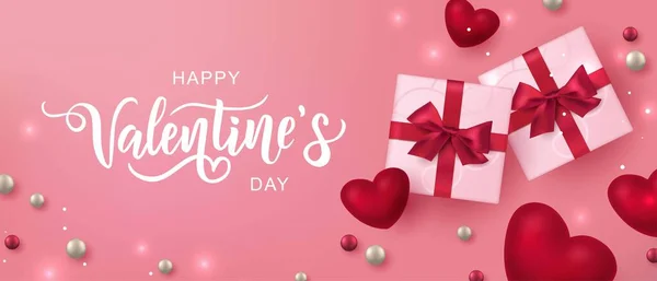 Happy Valentine Day Hand Lettering Typography Realistic Looking Gift Boxes — Stock Vector