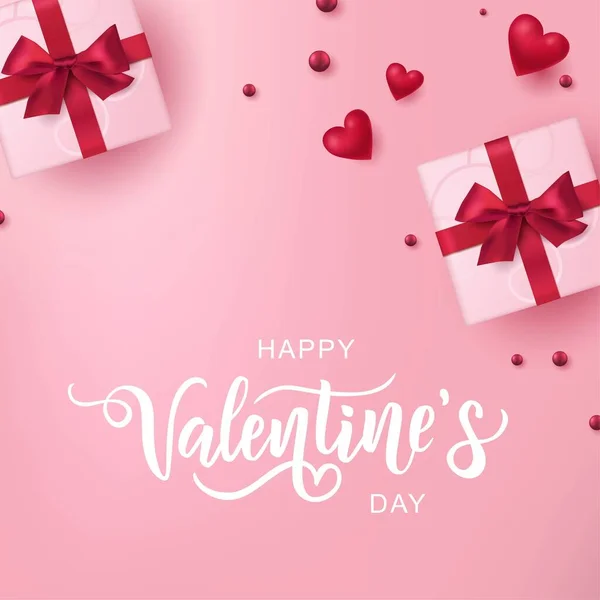 Felice San Valentino Mano Tipografia Lettering Con Realistiche Scatole Regalo — Vettoriale Stock