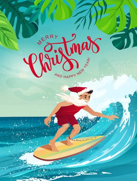 Mann Weihnachtsmannkleidung Surft Auf Der Welle Tropischen Ozean Frohe Weihnachten — Stockvektor