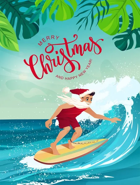 Tropikal okyanusta sörf yapan Noel Baba kıyafeti giymiş bir adam. Mutlu Noel el yazmaları. Tatil, tatil köyü, tebrik kartları.