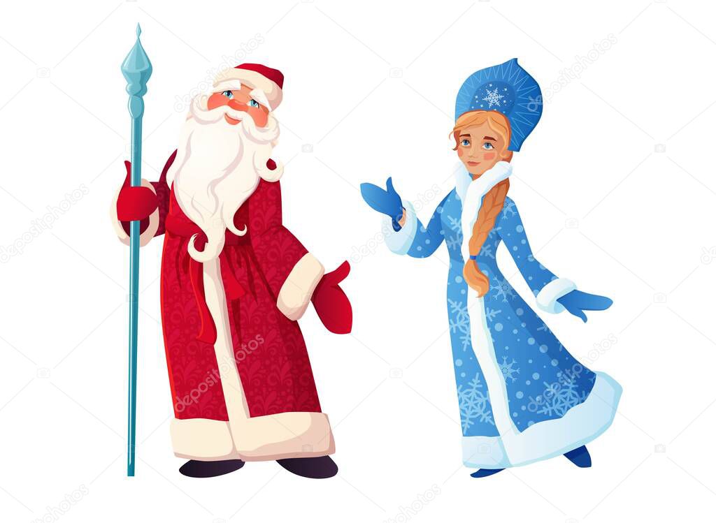 Russian Santa Claus with Snow Maiden. Ded Moroz and Snegurochka. Russian text Happy New Year.