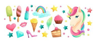 Şirin tek boynuzlu at yüzü ve tatlı kız unsurları. Dondurma, ruj, kek, dudaklar, kalp, kristal, lolipop, gökkuşağı. Çizgi film vektör illüstrasyonu.