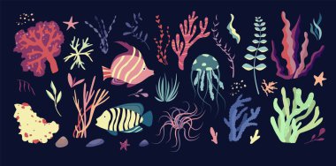 Su altı dünyası sakinleri, bitki örtüsü ve fauna elementleri. Yosun, mercan resifi, yosun. Vektör çizgi film illüstrasyonu.