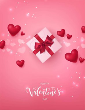 Sevgililer Günü 'nüz kutlu olsun. Gerçekçi görünen hediye kutuları ve kalplerle birlikte tipografi yazınız. Tebrik kartları, afişler, poster şablonları için vektör tasarımı. Kutlama illüstrasyonu.