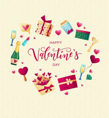 Sevgililer Günü el yazısı. İçinde şirin nesneler ve kartlar için elementler var. Çizgi film vektör illüstrasyonu.