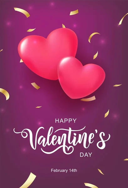 Boldog Valentin-napot! Kézírásos tipográfia realisztikus szívvel. Vektortervezés üdvözlőkártyákhoz, bannerhez, poszter sablonhoz. Ünnepi illusztráció. — Stock Vector