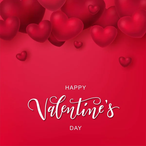 Feliz día de San Valentín tipografía de letras de mano con corazones de aspecto realista. Diseño vectorial para tarjetas de felicitación, banner, plantilla de póster. Ilustración de celebración. — Archivo Imágenes Vectoriales