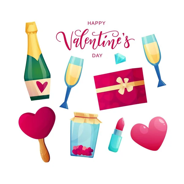 Saint Valentin objets mignons et des éléments pour les cartes : coeur, vin, crème glacée, rouge à lèvres, cadeau, bonbons, coeur, diamant. Texte écrit à la main. Illustration vectorielle de bande dessinée. — Image vectorielle