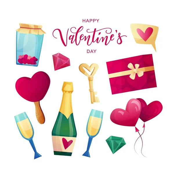 Saint Valentin objets mignons et des éléments pour les cartes : coeur, vin, crème glacée, rouge à lèvres, cadeau, bonbons, coeur, diamant. Texte écrit à la main. Illustration vectorielle de bande dessinée. — Image vectorielle