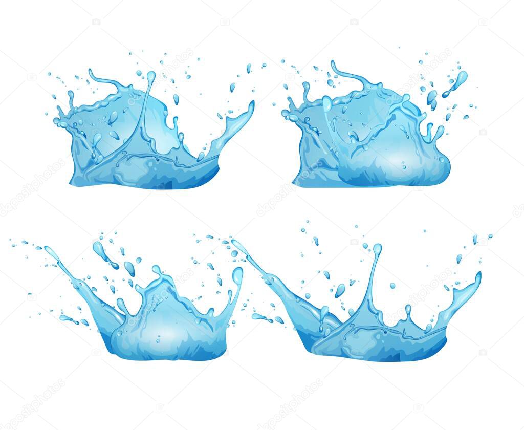 Blue water splashes cartoon vector illustration. Nature clear aqua background.