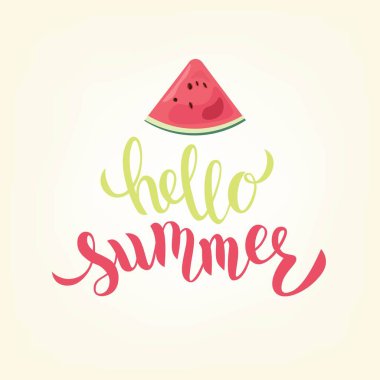 Hello summer hand lettering text with cartoon fruits. Vector illustration.