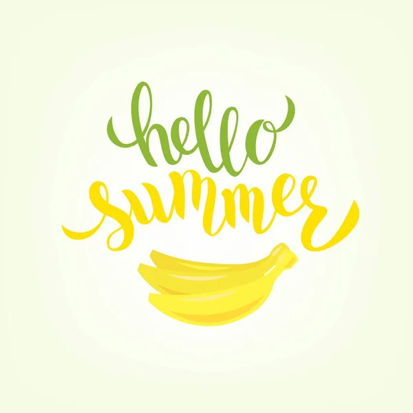 Hello Summer Hand Lettering Text Cartoon Fruits Vector Illustration — Stock Vector