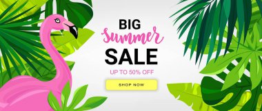 Tropik yapraklı ve pembe flamingolu yaz indirimi afişi. El yazısı metni. Sezon tatili, hafta sonu..