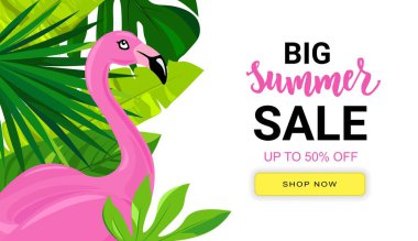 Tropik yapraklı ve pembe flamingolu yaz indirimi afişi. El yazısı metni. Sezon tatili, hafta sonu..