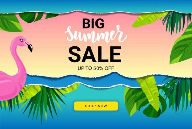 Tropik yapraklı ve pembe flamingolu yaz indirimi afişi. El yazısı metni. Sezon tatili, hafta sonu..