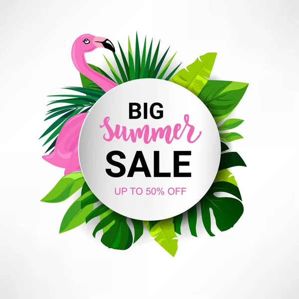 Tropik yapraklı ve pembe flamingolu yaz indirimi afişi. El yazısı metni. Sezon tatili, hafta sonu..
