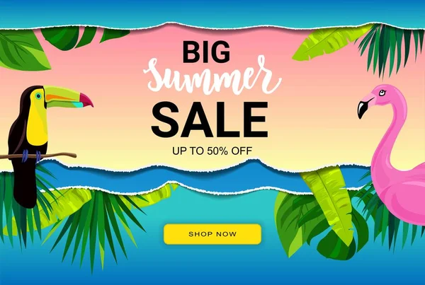 Tropik yapraklı ve pembe flamingolu yaz indirimi afişi. El yazısı metni. Sezon tatili, hafta sonu..